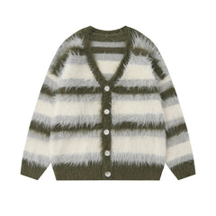 Striped Fleece-lined V-neck Sweater Jacket