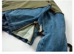 Denim Patchwork Sweatshirts Zipper Sleeve Pullover Hoodies
