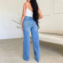 Long High Waist Ripped Frayed Comfortable Wide Leg Denim Pants