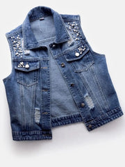 Denim Vest Luxury Pearls Fashion Ripped Autumn Jeans Jacket Sleeveless