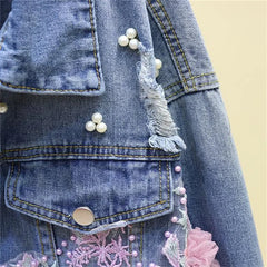 Embroidery Denim Short Jacket Applique Diamond Holes Coat