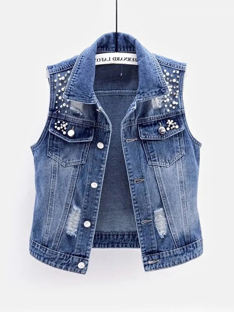 Denim Vest Luxury Pearls Fashion Ripped Autumn Jeans Jacket Sleeveless