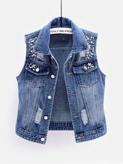 Denim Vest Luxury Pearls Fashion Ripped Autumn Jeans Jacket Sleeveless