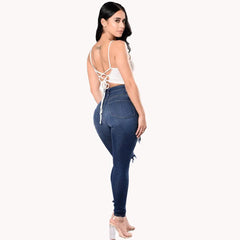 Designer Denim Waist Ripped Jeans