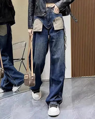 Straight-leg Jeans Women's High-waisted Slimming Loose-fit Bell Bottoms Pocket Outside Sewn