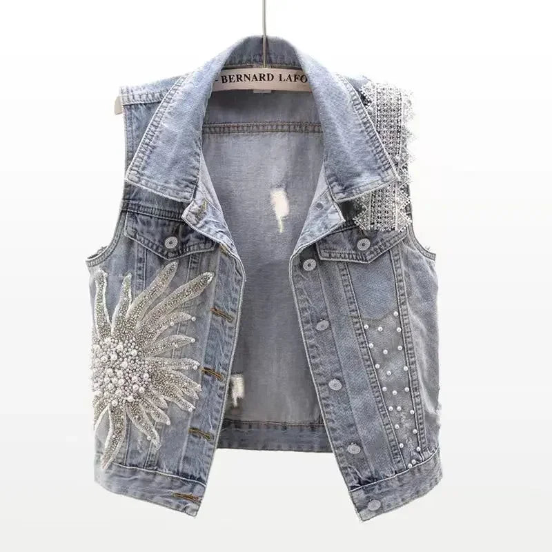 Lace Beaded Denim Vest Cardigan  Sleeveless Jacket