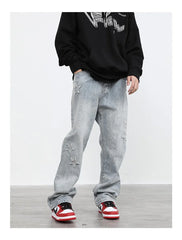 Embroidered Straight-leg Pants Button Pocket Washed Trousers