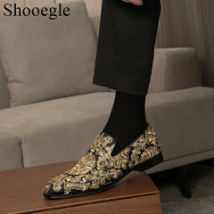 Stud Crystal Gold Shoes Embroidery Comfort Loafers Floral Flats Shoes
