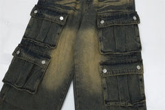 Street Personality Straight Tube Multi Pocket Work Clothes Jeans  Retro Pants