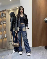 Straight-leg Jeans Women's High-waisted Slimming Loose-fit Bell Bottoms Pocket Outside Sewn