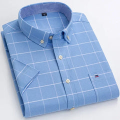 100% Pure Cotton  Oxford Short Sleeve Square Collar Solid Plaid Striped Shirt