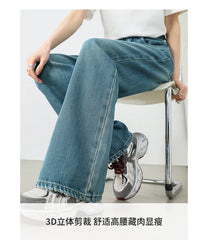 Cotton Jeans Pants Straight Vintage Denim High-waist Full-length Pockets Trousers