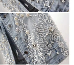 Denim Women Vest Luxury Pearl  Ripped  Jeans  Sleeveless Loose Short Coat
