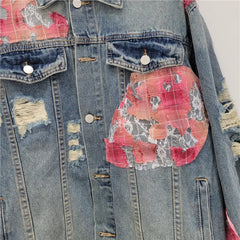 Handmade Lace Stitching Ripped Denim Coat American Style