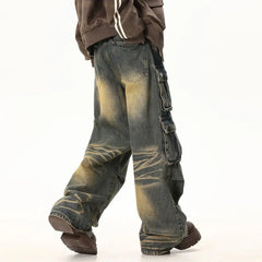 Street Personality Straight Tube Multi Pocket Work Clothes Jeans  Retro Pants