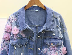 Embroidery Denim Short Jacket Applique Diamond Holes Coat