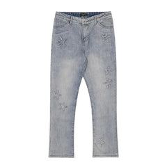 Embroidered Straight-leg Pants Button Pocket Washed Trousers