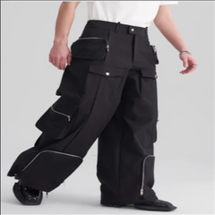 Zipper decorated straight leg pants casual three-dimensional pocket loose