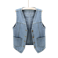 Sleeveless Denim Vest V Neck Button Jean Jacket Double Pocket