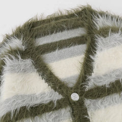Striped Fleece-lined V-neck Sweater Jacket