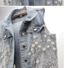 Denim Women Vest Luxury Pearl  Ripped  Jeans  Sleeveless Loose Short Coat