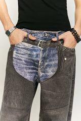 Leather Digitally Printed Jeans Distressed Y2k Men’s Jeans Motorcycle Jeans