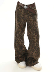 Baggy Leopard Print k Jeans Women High Waisted  Wide Leg Denim Pants