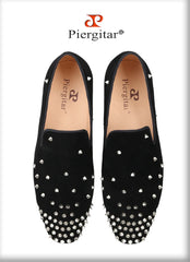 Black Cow Suede Slip-On Loafers With Handmade Silver Spikes