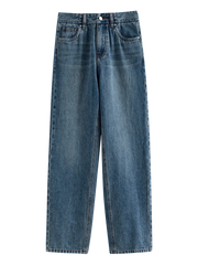 100% Cotton Cropped Jeans  Waist Straight Leg Denim Blue Pants