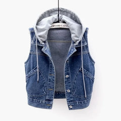 Hooded Vests Jean Short Waistcoat Large Size Cotton Zipper Denim Vest