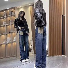 Straight-leg Jeans Women's High-waisted Slimming Loose-fit Bell Bottoms Pocket Outside Sewn