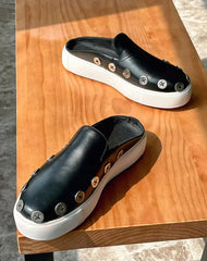 Genuine Leather Thick Sole Street Trendy Button Mule Shoes Slip on Loafers