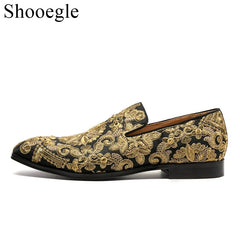 Stud Crystal Gold Shoes Embroidery Comfort Loafers Floral Flats Shoes