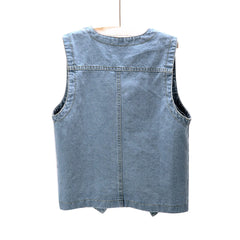 Sleeveless Denim Vest V Neck Button Jean Jacket Double Pocket