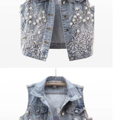Denim Women Vest Luxury Pearl  Ripped  Jeans  Sleeveless Loose Short Coat