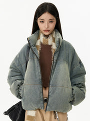 Retro American Neutral Denim Blue down Cotton Jacket