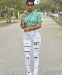 Designer Denim Waist Ripped Jeans