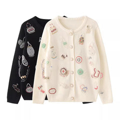 High Quality Autumn Winter Sweater Women Diamonds Pearls Beading Elegant Cardigan