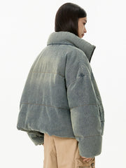 Retro American Neutral Denim Blue down Cotton Jacket