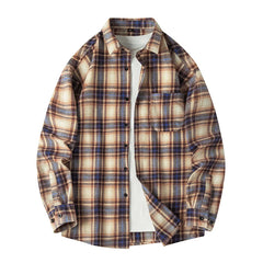 Plaid Flannel Sleeve Blue Loose Shirt