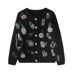 High Quality Autumn Winter Sweater Women Diamonds Pearls Beading Elegant Cardigan