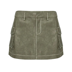 Locomotive Leather Jacket Skirts Vintage Lapel Zipper Pocket Overcoats Mini Skirt