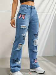 Butterfly Printing Denim Trousers