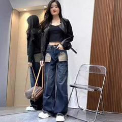 Straight-leg Jeans Women's High-waisted Slimming Loose-fit Bell Bottoms Pocket Outside Sewn