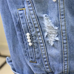 Embroidery Denim Short Jacket Applique Diamond Holes Coat