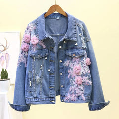 Embroidery Denim Short Jacket Applique Diamond Holes Coat