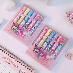6Pcs Sanrio Highlighter Pen Set Kawaii Hello Kitty Kuromi Melody Cinnamoroll Art Fluorescent Markers Pens School Office Statione