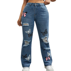 High Waist Button Up Butterfly Print Jeans Fashion