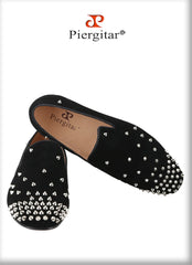 Black Cow Suede Slip-On Loafers With Handmade Silver Spikes