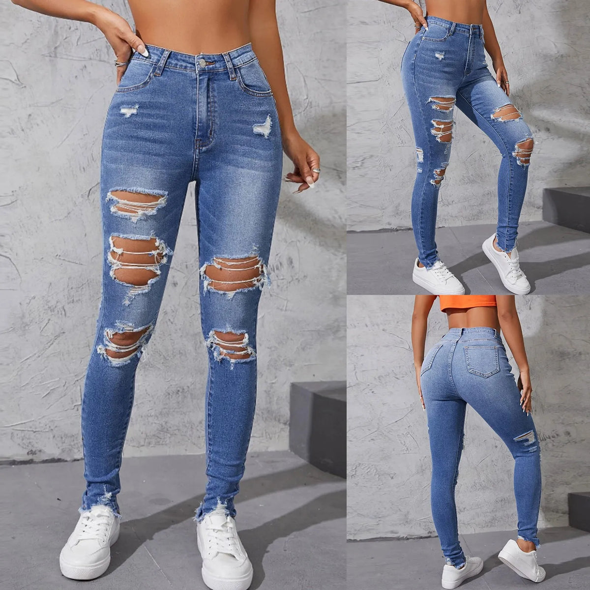 Hole Jeans  Ripped Skinny Raise Tail Push Up High Waist Denim Pants Trousers